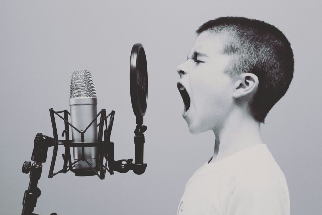 funny voice lines meme - boy singing on microphone with pop filter